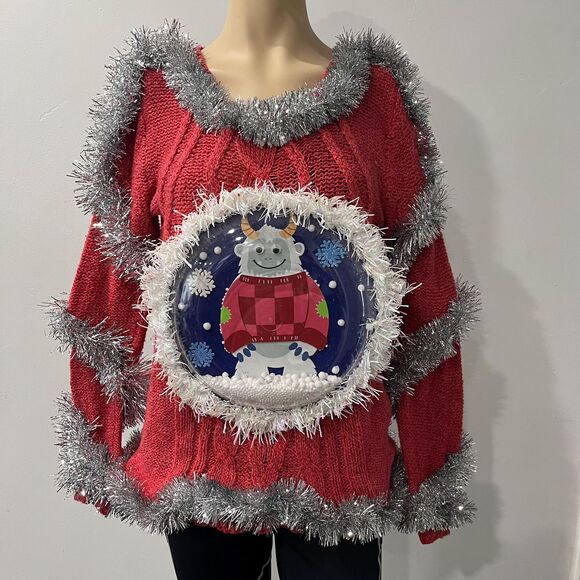 Yeti Abominable snowman snow 3D Tacky ugly woman Christmas sweater SM lights up! - Picture 4 of 10